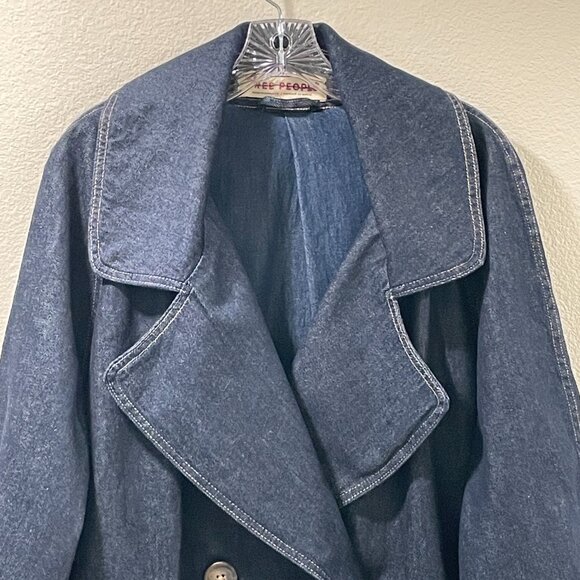 (NEW) FREE PEOPLE Double Breast Car Coat Long Sleeve Denim, Wash Indigo - L - Picture 6 of 13